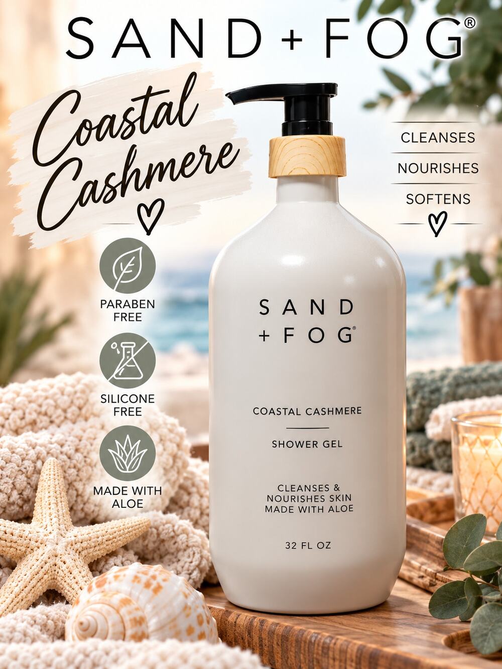 Sand + Fog Coastal Cashmere 32 oz Body Wash NEW